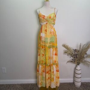 Flying Tomato Size L Yellow Patchwork Paisley Cutout Tiered Maxi Dress
